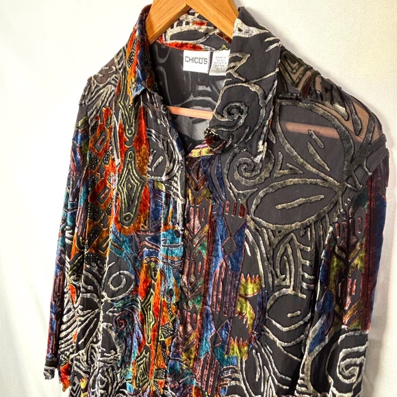 Chico's Velvet Burnout Button Down Whimsigoth Fairy Shirt Sz 0 = M Long Sleeve - Picture 2 of 13